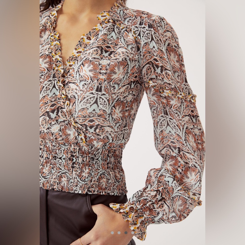 Anthropologie Multicolor Printed Ruffle Blouse in “Blue Pattern”